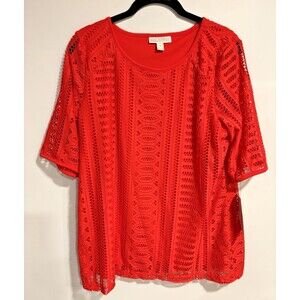 𝅺DANA Buchman Bright Red Lace Casual Tee Women's Size M Feminine Everyday